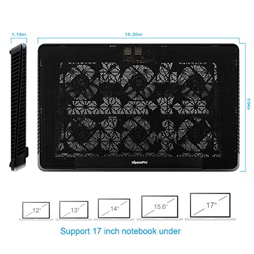 Portable Metal Mesh Laptop Cooler Cooling Pad, 6 Quiet Fans w/Green LED Light, 5 Adjustable Heights, Up to 17" in Notebook, 2 USB Interface w/Speed Control Switch, Non-Slip - Black (11147) - size: 6 Quiet Fans w/Green LED Light