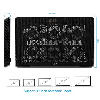 Portable Metal Mesh Laptop Cooler Cooling Pad, 6 Quiet Fans w/Green LED Light, 5 Adjustable Heights, Up to 17" in Notebook, 2 USB Interface w/Speed Control Switch, Non-Slip - Black (11147) - size: 6 Quiet Fans w/Green LED Light