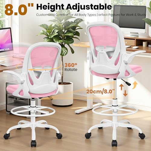 Primy Drafting Chair Tall Office Chair with Flip-up Armrests Executive Ergonomic Computer Standing Desk Chair with Lumbar Support and Adjustable Footrest Ring (Pink) - color: Pink, size: 934-Z