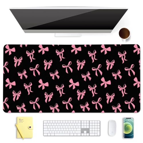 Cute Kawaii Pink Bow Black Extended Gaming Keyboard Mouse Pad | Non-slip Leather Home Office Desk Mat Protector - color: Pink Bow/Black, size: L(31.5×15.7 inch)