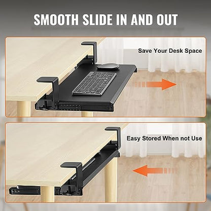 VEVOR Clamp on Keyboard Tray Under Desk, Desk Keyboard Tray Slide Out with Sturdy No-Drill C Clamp Mount, Large 26.8 x 11 inch Slide-Out Computer Drawer for Typing in Home, Office Work - style: C-CLAMP