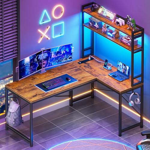 SEDETA L Shaped Desk with Hutch, 45.3” Reversible Home Office Desk, L Shaped Gaming Desk with LED Lights, Power Outlet, Storage Shelves and Hooks for Small Space, Rustic Brown - color: Rustic Brown