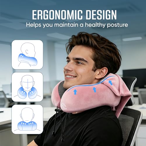 SkytraxComf® Travel Neck Pillow with Hood for Privacy on Long Flights | Memory Foam | Airplane Sleep | Safety-Tested Materials | Extra Large Hood | Chin Support | Earplugs | Washable Cover - color: Pink