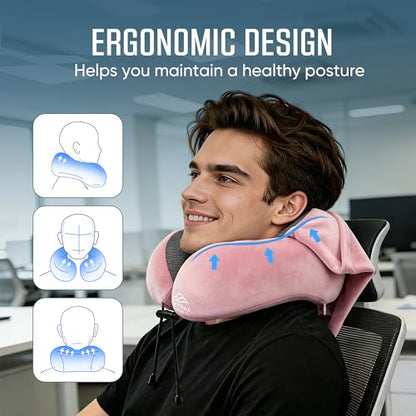 SkytraxComf® Travel Neck Pillow with Hood for Privacy on Long Flights | Memory Foam | Airplane Sleep | Safety-Tested Materials | Extra Large Hood | Chin Support | Earplugs | Washable Cover - color: Pink