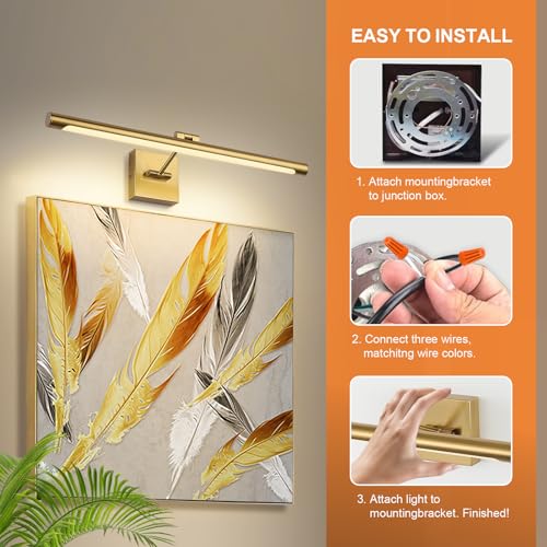 LED Picture Light Fixtures 24.4 Inches, Full Metal Artwork Wall Lamp with Single Swing Arm, 14W (70W Eqv.), Hardwired Connection, Dimmable, 3000K Warm White, CRI95+, Golden-Like Brass Finish - color: Brass, size: Dimmable 24.4" Long
