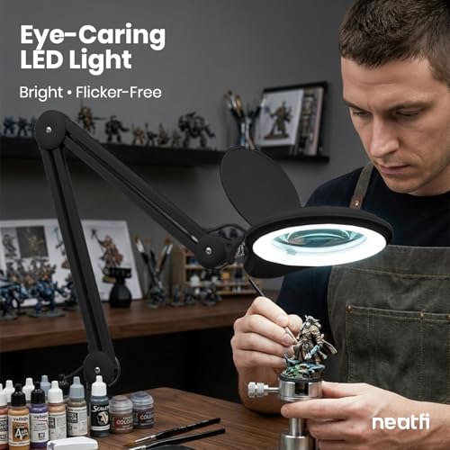 Neatfi LED Bifocal Magnifying Lamp 1,200 Lumens – 5” Glass Lens, Dual Magnification 3X/6X, Dimmable Task Light | Adjustable Arm with Clamp | Crafting, Jewelry & Reading (8 Diopter + 20 Diopter, Black) - color: Black, size: 8 Diopter + 20 Diopter