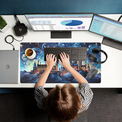 Blue Castle Desk Mat Aesthetic Cute Desk Pad, Extended Large Mouse Pad XXL Gaming Keyboard Pad, Computer Desktop Mouse Mat Full Desk Laptop Mat, Fantasy Art Office Desk Accessories 31.5" x 15.7" - color: Painted Castle