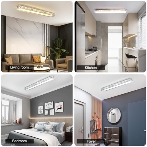 Qcyuui Dimmable LED Ceiling Light 39.4'' Kitchen Lighting Fixtures Ceiling Modern Luxury Crystal Ceiling Light with Remote Chrome Long Ceiling Light Fixture for Kitchen Dining Room Hallway,48W - color: Chrome/Dimm/48W/39.4IN/Crystal, size: 39.4in