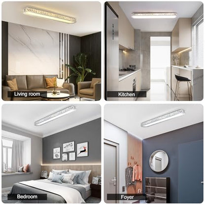 Qcyuui Dimmable LED Ceiling Light 39.4'' Kitchen Lighting Fixtures Ceiling Modern Luxury Crystal Ceiling Light with Remote Chrome Long Ceiling Light Fixture for Kitchen Dining Room Hallway,48W - color: Chrome/Dimm/48W/39.4IN/Crystal, size: 39.4in