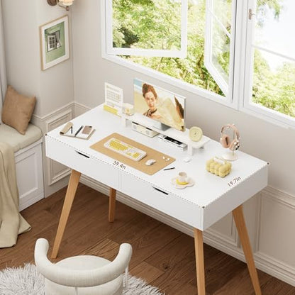 FOTOSOK White Writing Desk with 2 Drawers, Small Desk Makeup Vanity Table | Wood Computer Desk with 4 Solid Oak Legs, Home Office Desk & Study Table, Mid Century Desk for Bedroom Small Spaces, White - color: White and Oak