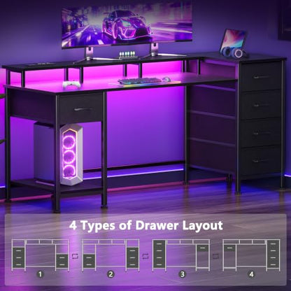 Korfile 55 Inch Gaming Computer Desk with Power Outlets,LED,5 Drawers,Black - color: Black, size: 55 Inch