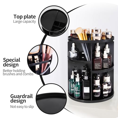 seinlife 360 Rotating Makeup Organizer,DIY Adjustable Spinning Holder,Foldable Cosmetic Storage Display box,Large Capacity Make up Caddy Shelf,Fits Countertop Vanity and Bathroom (BLACK) - color: BLACK