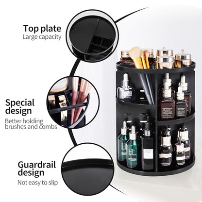 seinlife 360 Rotating Makeup Organizer,DIY Adjustable Spinning Holder,Foldable Cosmetic Storage Display box,Large Capacity Make up Caddy Shelf,Fits Countertop Vanity and Bathroom (BLACK) - color: BLACK