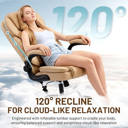 Ergonomic Office Chair, PU Leather High Back Executive Chair with Adjustable Inflatable Lumbar Support and Padded Flip-Up Arms, Recline Swivel Task Computer Chair for Home Office, Khaki - color: Khaki
