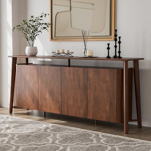 Furniture of America Nazaen IV Mid-Century Modern Solid Wood 82.5-inch Sideboard Buffet Cabinet with Hidden Drawers, Credenzas for Living Room, Dining Room, Office, Rich Walnut