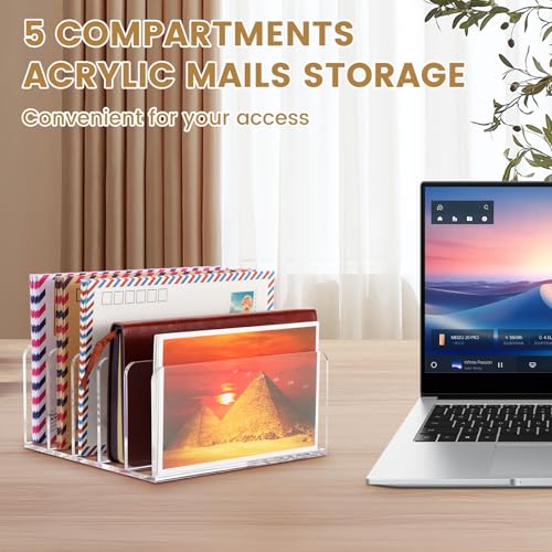 Mail Organizer Countertop, Stylish Acrylic 5 Compartments Mail Holder, Small Desk File Storage Holders for Letter, Bill, Mail Sorter, Desktop Letter Folder Holders for Office, Home, School