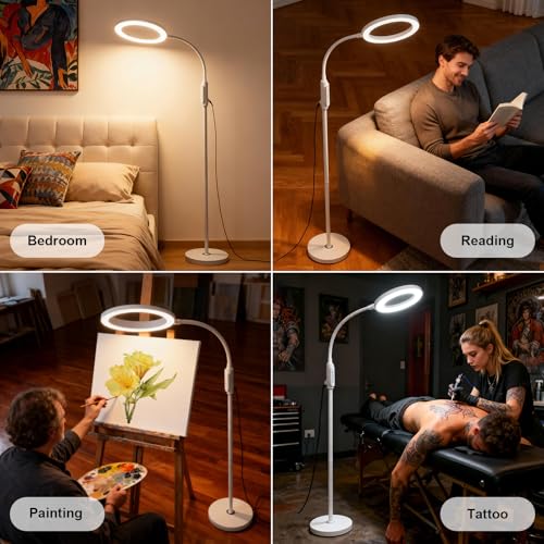 Supe Bright 24W Dimmable LED Floor Lamp with Remote Touch Control Adjustable Gooseneck Standing Light for Reading Makeup Tattoo Lash Extensions White Modern Smart Tall Lamp Living Room Bedroom Office - color: White 24W Remote and Touch Dimming