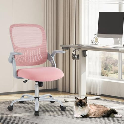 Sweetcrispy Home Office Chair, Mesh Office Chair, Lumbar Support, Pink - color: Pink, size: 18.5"D&Flip-up Arms-Plus