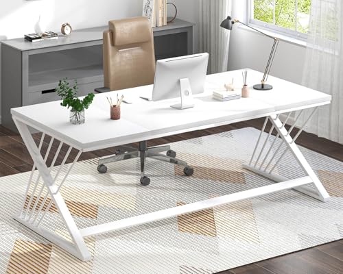 70.9" Modern Computer Desk with Z-Shaped Legs, Industrial Executive Home Office Desk for 2 Person, Large Writing Study Table for Bedroom, Gaming Workstation, White - color: White, size: 70 Inch