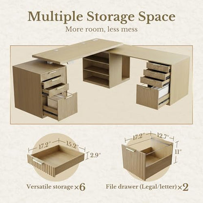 L Shaped Electric Standing Desk, 81'' x 68" Executive Height Adjustable Desk with Drawers and File Cabinet, AC/USB, Fluted Computer Desk with Storage Shelves for Home Office, Light Walnut - color: Light Walnut