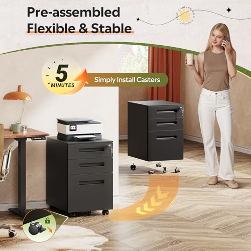 DEVAISE 3 Drawer Mobile File Cabinet, Fully Assembled Except Casters | Metal Filing Cabinet with Lock Under Desk for Home Office, Printer Stand fits A4/Letter/Legal Size, Black - color: Black, size: Thickened Steel 20" D x 15" W x 24" H