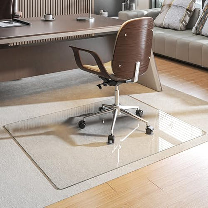 Tempered Glass Chair Mat, 55" x 48" Heavy Duty Chair Mat Round Corner with Polished Edge, Clear Office Chair Mat for Office Home Hard Floor Carpeted, Transparent, Glides Smoothly, Easy Clean - size: 55" x 48"