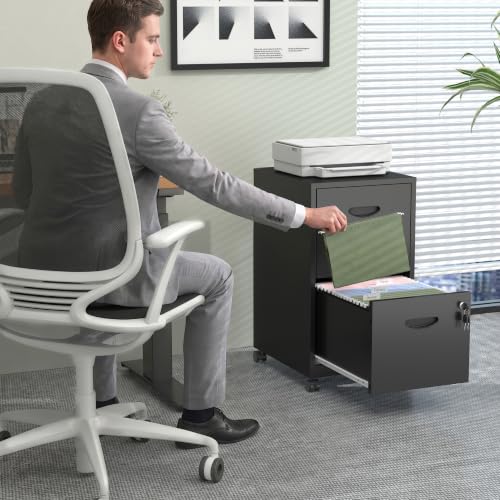 Metal 2 Drawer File Cabinet with Lock & Wheels for Office,Black | Small Mobile File Cabinets for Home Office, Under Desk Vertical Rolling File Cabinet Fit Hanging Files, Letter & A4 Documents - color: Black, style: 2 Drawers Mobile File Cabinet