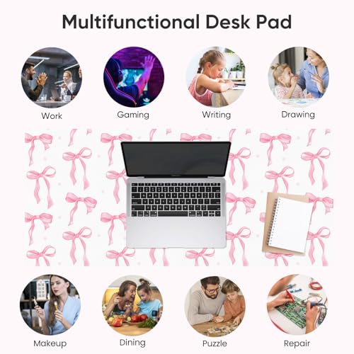 Desk Mat, XXL Large Mouse Pad,Leather Desk Pad Blotter Protector,Computer Laptop Mouse Pads for Desktop,Waterproof Writing Anti-Slip Mousepad for Office and Home I Pink Bow Girly - color: Pink Bow Girly