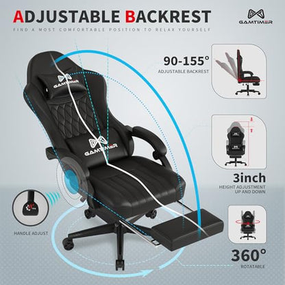 Gamtimer Gaming Chair with Footrest, Ergonomic Computer Chair, PU Breathable Material with Headrest and Lumbar Support, Suitable for Silla Gamer and Adults(Black) - color: Black