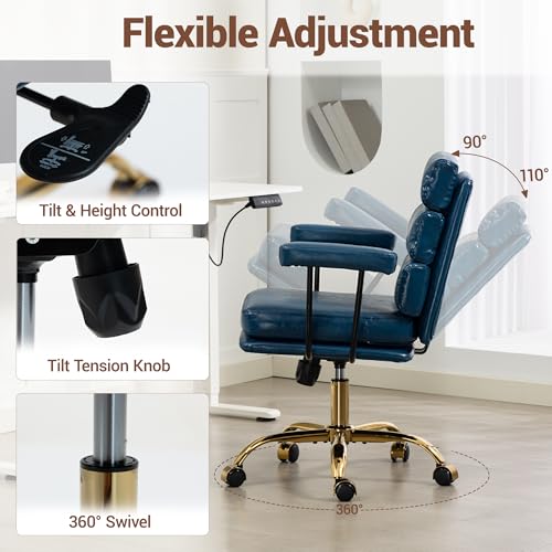Leather Office Chair with Wheels,Ergonomic Swivel Rolling Task Chair,Padded Seat and Armrests,Adjustable Height Home Desk Chair,Executive Computer Chair, Gold Base Makeup Vanity Chair,Blue - color: Blue