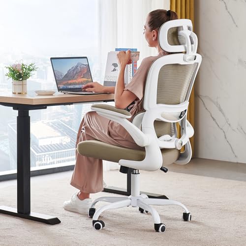 TRALT Office Chair Ergonomic Desk Chair - Gaming Chair with Lumbar Support | 330 LBS Home Office Desk Chairs with Headrest, Reading Chair with Flip-up Armrests, Comfortable Computer Chairs (1, Khaki) - color: Khaki