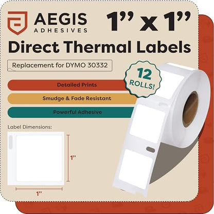 Replacement for DYMO 30332 (12 Rolls, 9000 Labels) - 1" X 1" Direct Thermal | Square Barcode Name Labels - Compatible With DYMO LabelWriter 450, 450 Turbo, 4XL (Not 550, 5XL) - Aegis Adhesives - size: 1" X 1" - 30332