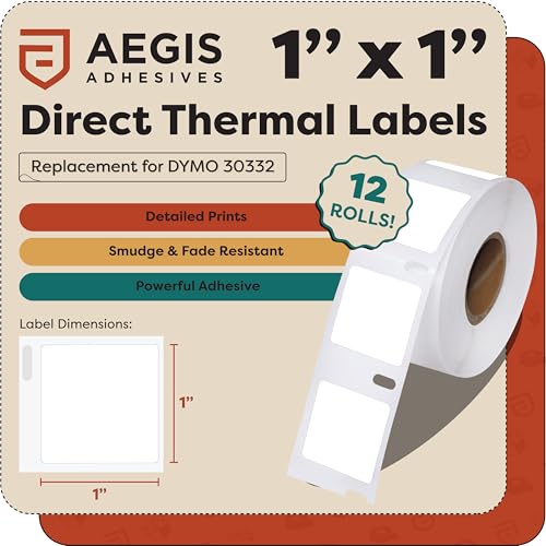 Replacement for DYMO 30332 (12 Rolls, 9000 Labels) - 1" X 1" Direct Thermal | Square Barcode Name Labels - Compatible With DYMO LabelWriter 450, 450 Turbo, 4XL (Not 550, 5XL) - Aegis Adhesives - size: 1" X 1" - 30332