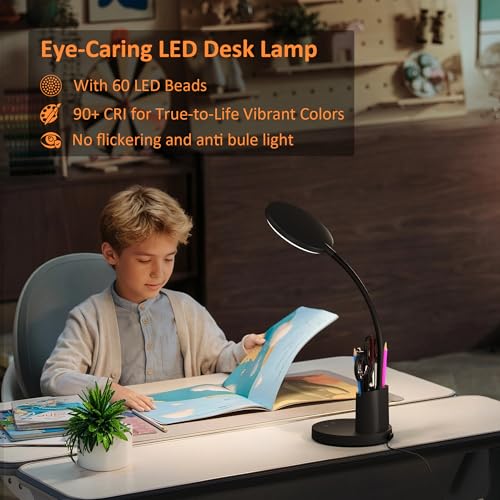 LED Desk Lamp for College Dorm with Pen Phone Holder, Black - color: Black