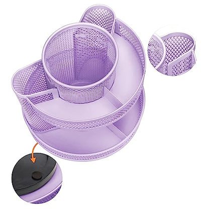 Annova Mesh Desk Organizer Rotate with 5 Compartments Round Spinning Tidy Candy/Pen Holder Desk Accessories Office, Art Supply, Storage, Classroom, Home (Light Purple) - color: Light Purple