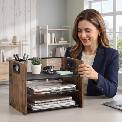 Desk Organizer - 3 Tier Wood & Metal Mesh Desktop Organizer for Office, Home, School, Workspace, Office Desk Organzier for Papers, Mail, Notebooks, Stationery - size: 3 Tier