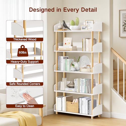 5-Tier Wooden Bookshelf, Modern Open Bookcase with Solid Wood Frame and Top Edge, Sturdy Freestanding Storage Organizer for Living Room, Bedroom, Home Office (White)