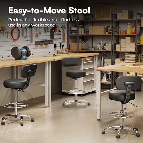 SUPERJARE Drafting Chair with Backrest, Adjustable Foot Rest Rolling Stool | Multi-Purpose Shop Stool, Drafting Stool, Office Desk Chair, Bar Stools with Thick Seat Cushion for Home Bar Kitchen, Black - color: Black