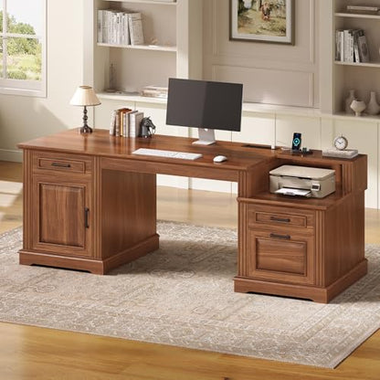 SEDETA Farmhouse Executive Desk, 62'' Home Office Desk with File Drawers, 3Drawer and Storage Cabinet, Computer Desk with Power Outlet for Home Office, Work Study Writing, Walnut - color: Walnut
