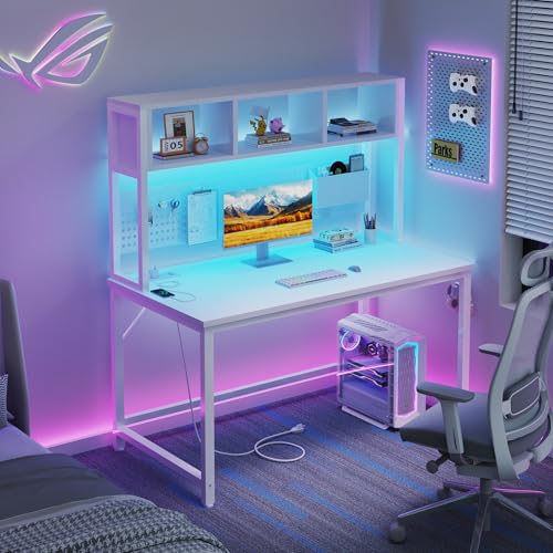 White Gaming Desk with Hutch and Pegboard - Computer Desk with Hutch, Power Outlet, 47 Inch Art Desk with Storage, Hooks, RGB and Side Bag, Writing Modern Study Teen Desks for Girl Bedroom Home Office - color: White