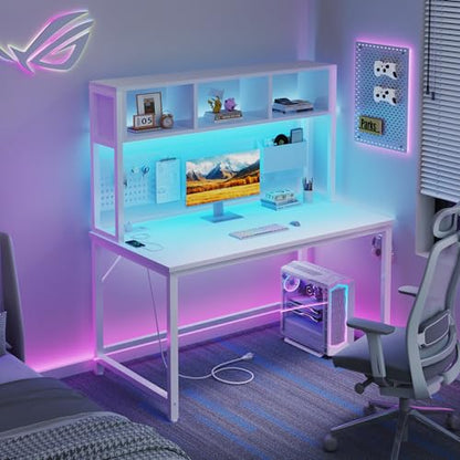 White Gaming Desk with Hutch and Pegboard - Computer Desk with Hutch, Power Outlet, 47 Inch Art Desk with Storage, Hooks, RGB and Side Bag, Writing Modern Study Teen Desks for Girl Bedroom Home Office - color: White