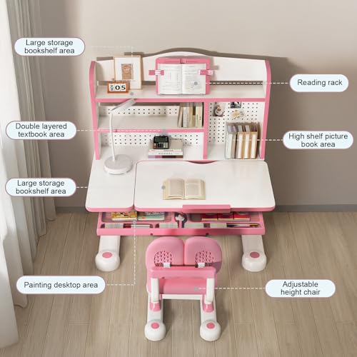 Kid Study Desk and Chair Set 3-12 Height Adjustable Ergonomic Desk | School Art Desk, 50° Tiltable Desktop, Easy-Turn Crank, Storage Drawer & Built-in Bookstand for Children Boys & Girls - color: 013-pink-31.5in