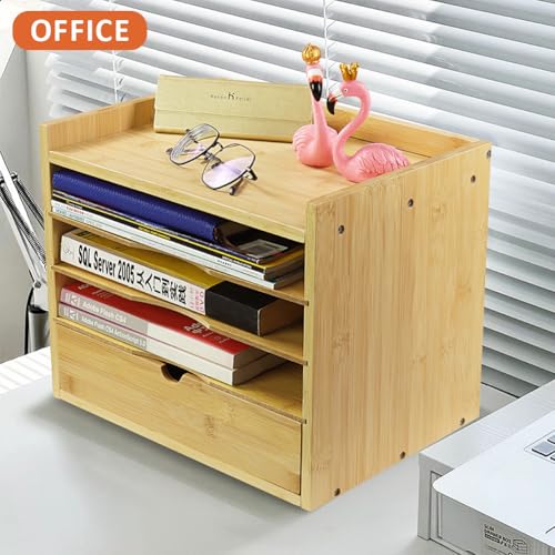 KKTONER 5-Tier Bamboo Desk Organizer with Drawer Tabletop File Organizer Document Holder with Shelf Desktop Cabinet for Home Office School Supplies (Natural)