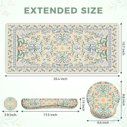 iCasso Green Desk Pad Mat, Large Mouse Pad and Keyboard Wrist Rest Set, Desk Protector Mat,4in1 Ergonomic Carpal Tunnel Keyboard Pad with Wrist Support for Desktop Cover Home Office Computer - color: Green Vine Flowers