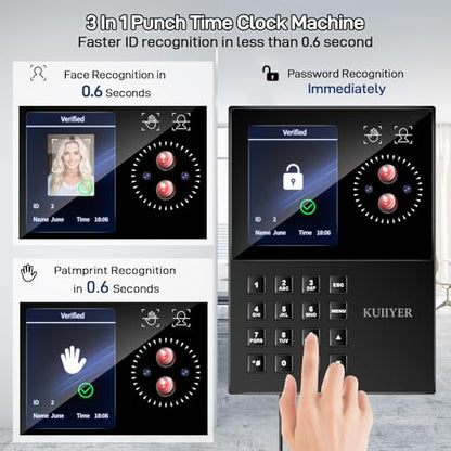 KUIIYER 3 in 1 Employees Time Clocks (Face + Palm Print + Password)