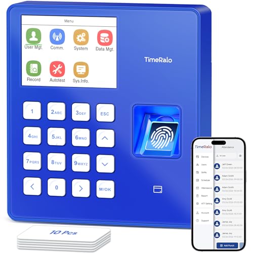 Cloud Time Clock for Small Business, Remote Access, Auto Report | 3-in-1 Fingerprint Time Clock with Smart Scheduling, Overtime & Lunch Rules, 10 Cards, 2.4GHz WiFi, No Monthly Fee - color: Blue