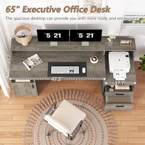 YOMILUVE 65" Computer Desk with 3 Drawers & Printer Shelf for Home Office - color: Grey