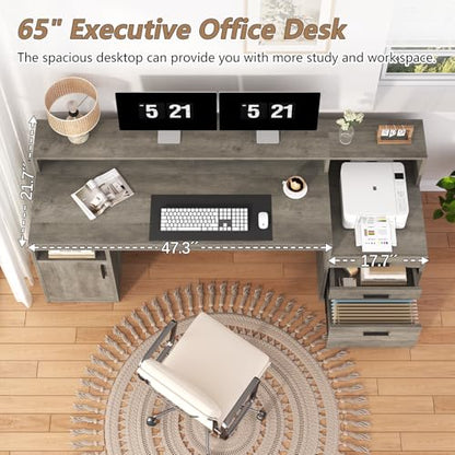 YOMILUVE 65" Computer Desk with 3 Drawers & Printer Shelf for Home Office - color: Grey