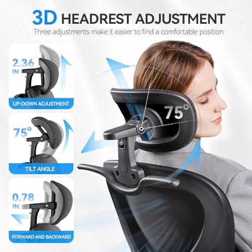 Ergonomic Office Chair, Mesh Home Office Desk Chairs with 3D Headrest - color: Black