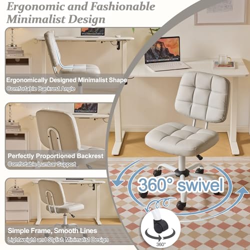 VINGLI Compact Small Desk Chair, Cute Armless Chair with Wheels, Vanity Chair with Low Back, Height Adjustable Task Chair for Small Spaces, Office, Bedroom, Make Up Room, PU Leather, Light Grey - color: Light Grey